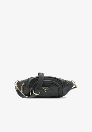 Sac banane noir Guess avec fermetures éclair dorées, sangle ajustable et plaque logo triangulaire sur la poche avant.
