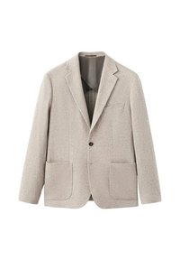 Hellgrauer Blazer aus strukturiertem Stoff. Mit Reverskragen, Ein-Knopf-Verschluss und zwei aufgesetzten Fronttaschen.