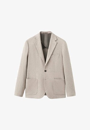 Light gray blazer made of textured fabric. Features a notch lapel, single button closure, and two front patch pockets.