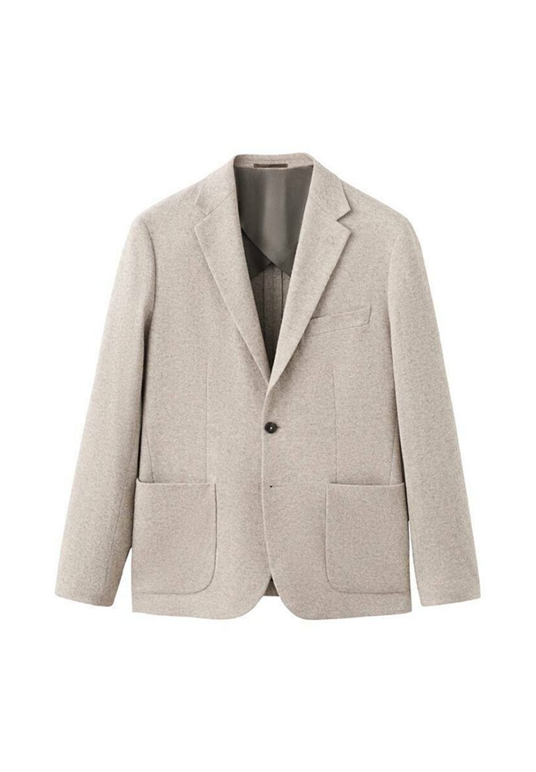 Hellgrauer Blazer aus strukturiertem Stoff. Mit Reverskragen, Ein-Knopf-Verschluss und zwei aufgesetzten Fronttaschen.