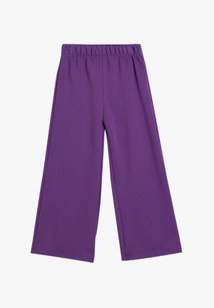 Fioletowe, szerokie spodnie wykonane z miękkiego materiału z elastycznym paskiem w talii, z czystymi szwami i bez dodatkowych ozdób.
