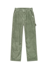 Pantalons en velours côtelé vert avec une coupe droite, présentant des poches avant, une fermeture à bouton et une boucle sur le côté pour un espace de rangement supplémentaire.