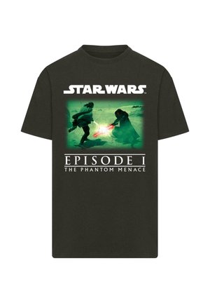 Musta puuvillainen t-paita, jossa on graafinen painatus kahdesta hahmosta valomiekkoineen, yläpuolella teksti "STAR WARS EPISODE I THE PHANTOM MENACE".