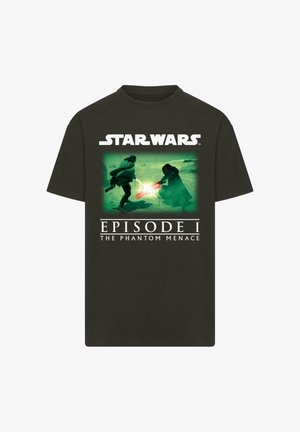 Musta puuvillainen t-paita, jossa on graafinen painatus kahdesta hahmosta valomiekkoineen, yläpuolella teksti "STAR WARS EPISODE I THE PHANTOM MENACE".