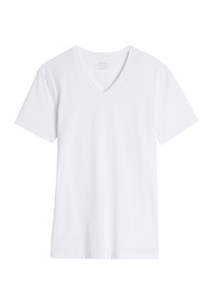 Bílý v-neck tričko s krátkým rukávem, vyrobené z hladké bavlněné tkaniny, s jednoduchým, klasickým designem bez vzorů nebo akcentů.
