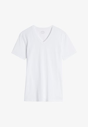T-shirt blanc à col en V avec des manches courtes, fabriqué en coton lisse, présentant un design simple et classique sans motifs ni accents.