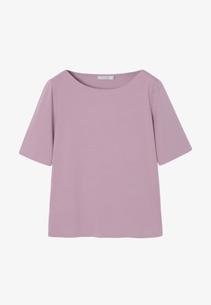 Lühikeste varrukatega blusš helesinises-lillas, mida iseloomustab lai kaelus, sile puuvilla ja sünteetilise kiu segu ning lõdvem lõige. Üksikasjalik disain ilma mustriteta.