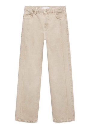 Beige high-waisted wide-leg jeans made of denim with four pockets, a front zipper, and a button closure, featuring visible stitching details.