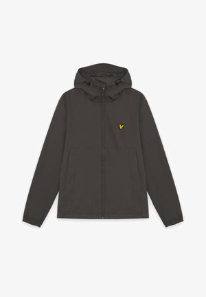 Donkergrijze hoodie met rits, voorzien van een geborduurd geel logo op de borst. Soepele textuur, lange mouwen en elastische boorden.