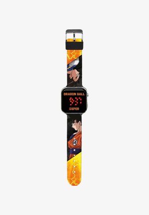 Digital watch with Dragon Ball Super-themed strap featuring characters Goku and Vegeta, and orange lightning design. Time displayed as 9:37.