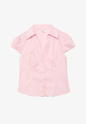 Svetlo roza bluza s kratkimi rokavi in ovratnikom, sprednje gumbe ter nabranimi napihnjenimi rokavi, položena položeno na belem ozadju.