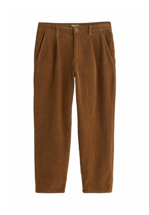 Brown corduroy pants with a straight cut, featuring front pleats, angled pockets, and a single button closure at the waist.