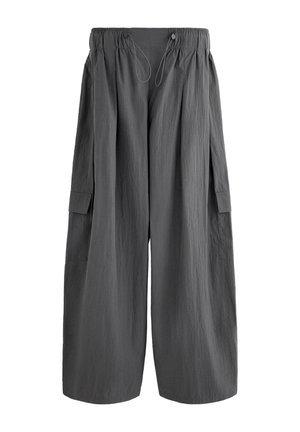 Dark gray wide-leg pants with elastic waistband, drawstring closure, and flap pockets on each side.