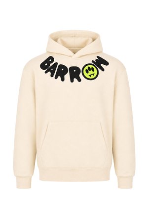 Felpa beige con cappuccio con lettere nere "BARRON" curve sul petto e una faccina gialla sorridente con zanne che sostituiscono la lettera "O".
