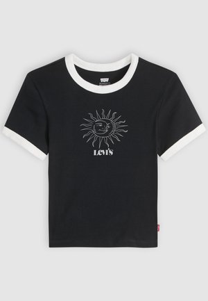 T-shirt noir à manches courtes Levi's avec bordure blanche au col et aux manches, présentant un graphisme blanc de soleil et de lune au-dessus du logo Levi's.