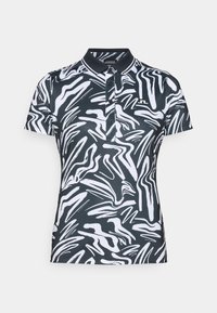 Polo preto com padrões abstratos em forma de onda brancos, apresentando colarinho, placket de três botões e mangas curtas.