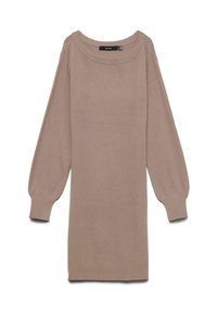 Adīta kleita ar ribas rakstu gaiši bēšā krāsā, ar plašu kakla izgriezumu un garām piedurknēm ar pieguļošiem aproču galiem. Audums ir mīksts un teksturēts.