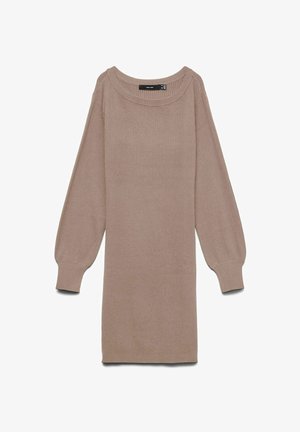 Vestito in maglia a coste beige chiaro, con scollo ampio e maniche lunghe con polsini aderenti. Il tessuto è morbido e strutturato.