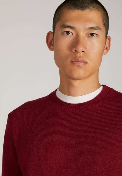 Burgunderfarbener Rundhalsausschnitt-Pullover mit weicher Textur, langen Ärmeln und gerippten Bündchen. Über einem weißen T-Shirt getragen. Glattes Strickmaterial.