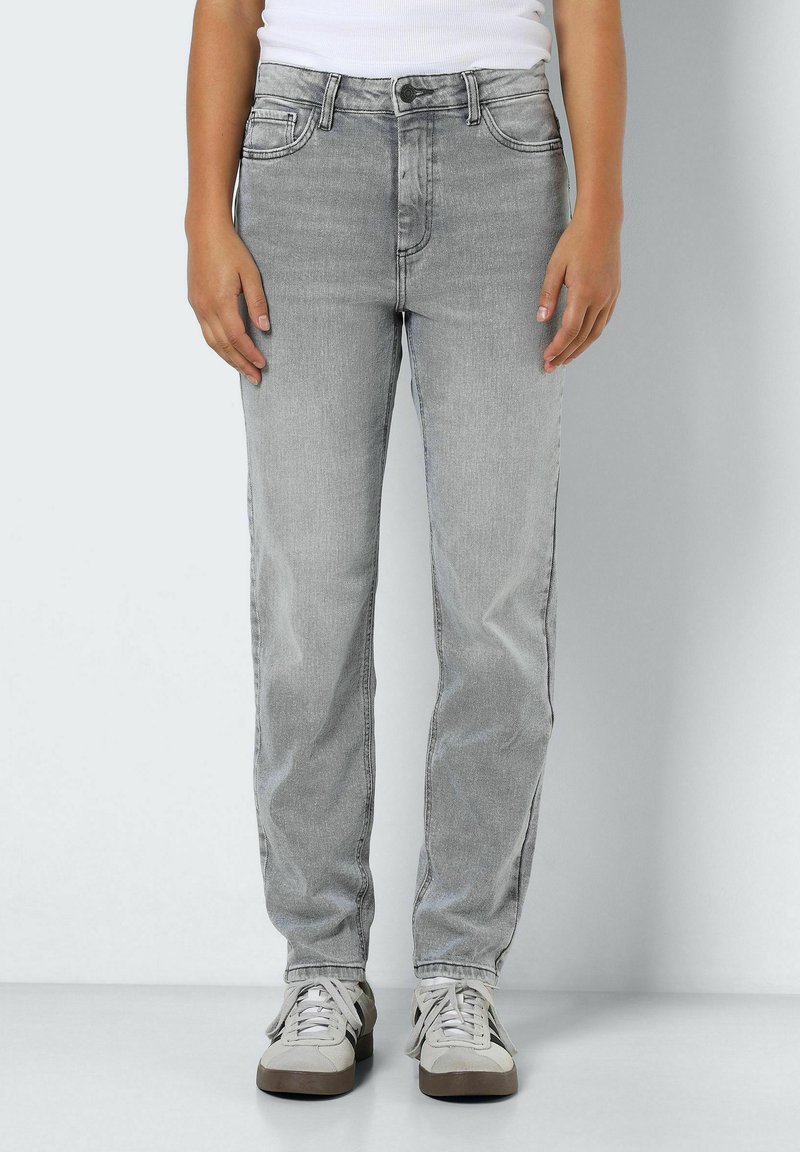 Gray denim jeans with a straight-cut design, featuring five pockets, belt loops, and a faded texture. Paired with light gray sneakers.