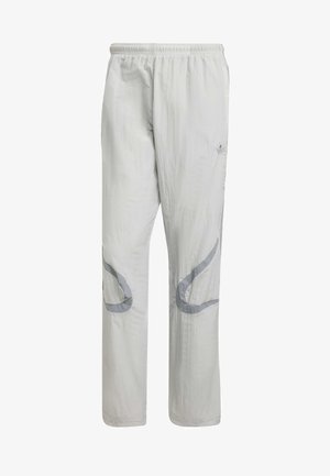 Helle graue gewobene Hosen mit einem elastischen Bund und abstrakten grauen Mustern an den Seiten. Bietet einen lockeren, geraden Schnitt.