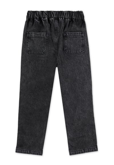 Pantalones de mezclilla negra con cinturilla elástica, diseño de cinco bolsillos y un acabado suave y texturizado. Corte recto sin marcas visibles.