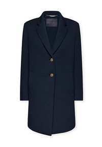 Abrigo azul marino con diseño de botonadura sencilla, dos bolsillos frontales y dos botones dorados, con un cuello ajustado y una textura suave.
