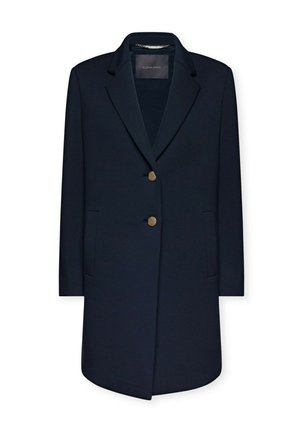 Cappotto blu navy con un design monopetto, due tasche frontali e due bottoni dorati, colletto sartoriale e una texture liscia.