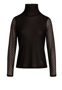 Zwarte doorschijnende turtleneck top met lange mouwen, voorzien van een diamanten rasterpatroon en een aansluitende pasvorm.