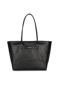 Borsa a tracolla in pelle nera con finitura testurizzata, ampio scomparto aperto, due manici robusti e un logo discreto sul pannello frontale.