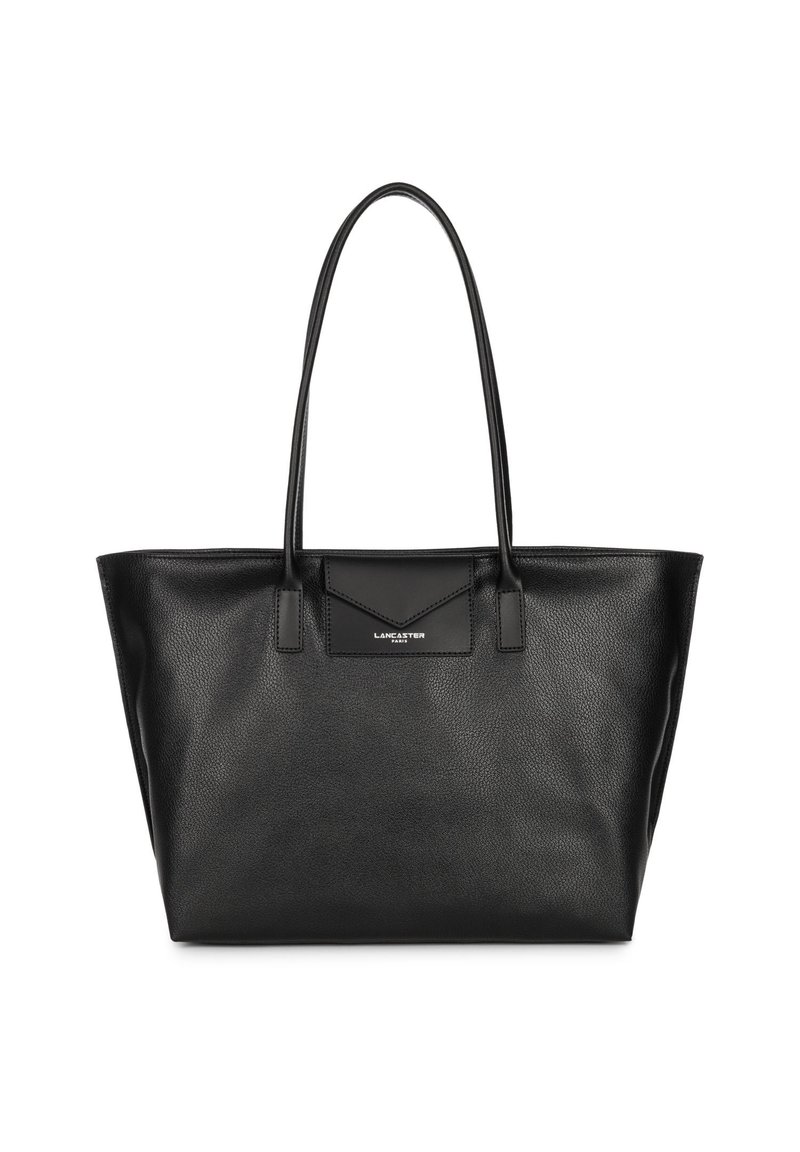 Borsa a tracolla in pelle nera con finitura testurizzata, ampio scomparto aperto, due manici robusti e un logo discreto sul pannello frontale.