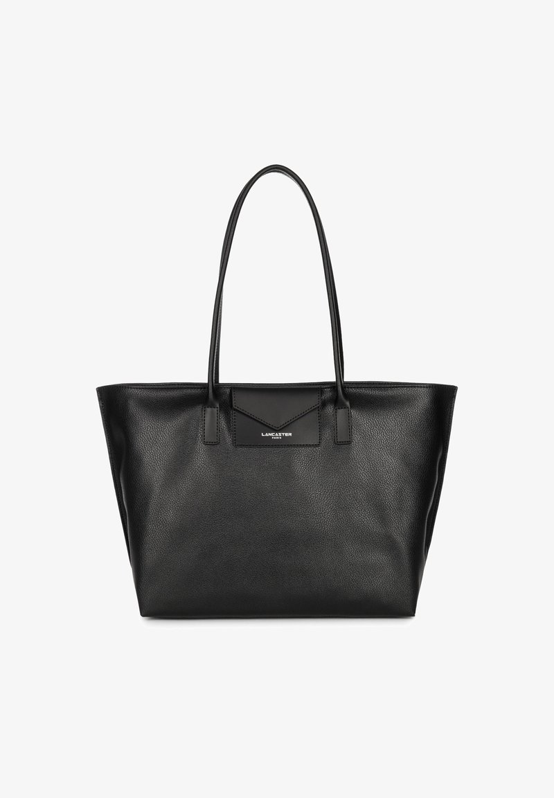 Borsa a tracolla in pelle nera con finitura testurizzata, ampio scomparto aperto, due manici robusti e un logo discreto sul pannello frontale.