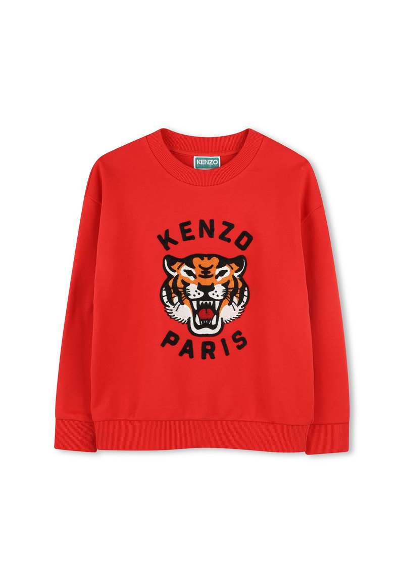 Felpa rossa con un grande motivo ricamato di una tigre e la scritta "KENZO PARIS" sotto. Polsini e scollatura a costine. Tessuto morbido.
