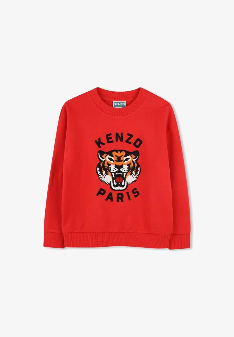 Felpa rossa con un grande motivo ricamato di una tigre e la scritta "KENZO PARIS" sotto. Polsini e scollatura a costine. Tessuto morbido.