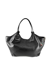 Zwarte leren tote bag met een zachte, gestructureerde oppervlakte, voorzien van twee handgrepen en een klein Italiaans vlagaccent. Eenvoudig, rond ontwerp.