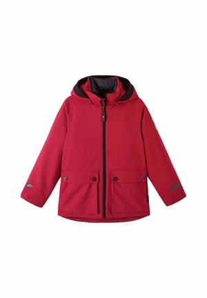 Red hooded jacket with black zipper, two front flap pockets with buttons, and reflective strips on sleeves.