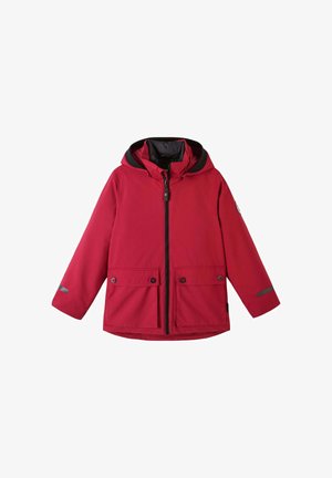 Rote Kapuzenjacke mit schwarzem Reißverschluss, zwei vorderen Klappentaschen mit Knöpfen und reflektierenden Streifen an den Ärmeln.