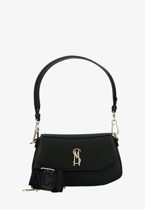 Bolso de hombro de cuero negro con logo dorado "MS", correa ancha ajustable de tela negra y asa delgada de cuero con cierres metálicos.