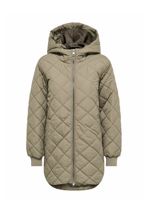 Veste matelassée kaki à capuche avec fermeture éclair complète à l'avant et poignets côtelés aux manches, conçue pour temps froid.