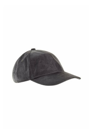 Black corduroy baseball cap with a rounded crown, curved visor, and stitched detailing. Adjustable strap at the back for fit.