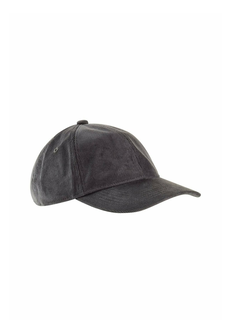 Schwarze Cord Baseballmütze mit runder Krone, gebogenem Schirm und gestickten Details. Verstellbarer Riemen auf der Rückseite für eine optimale Passform.