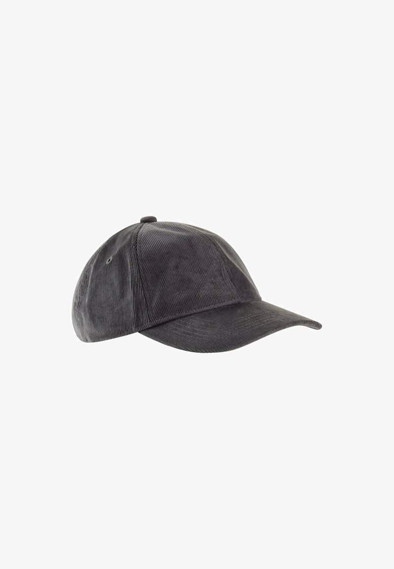 Black corduroy baseball cap with a rounded crown, curved visor, and stitched detailing. Adjustable strap at the back for fit.