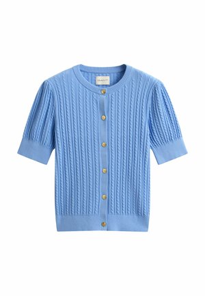 Hellblauer Kurzarm-Cardigan mit Zopfmuster, rundem Ausschnitt, gerippten Bündchen und Saum sowie goldfarbenen Knöpfen vorne.