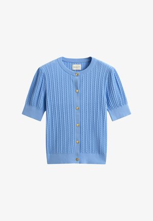 Hellblauer Kurzarm-Cardigan mit Zopfmuster, rundem Ausschnitt, gerippten Bündchen und Saum sowie goldfarbenen Knöpfen vorne.