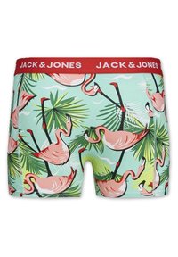 Boxers pour homme avec une base bleu clair ornée d'un motif de flamant rose et de palmiers, taille élastique rouge avec le logo "JACK & JONES".