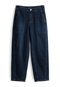 Donkerblauwe denim broek met een relaxte pasvorm, voorzien van voorzakken, een knoopsluiting en zichtbare naden op de benen.