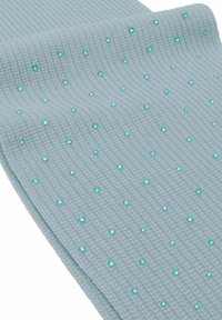 Tessuto blu chiaro con una trama testurizzata e motivo a righe, impreziosito da paillettes turchesi sparse per un tocco in più.