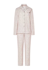 Conjunto de loungewear en rosa claro con un delicado patrón floral. Cuenta con una camiseta con cuello y botones y pantalones rectos a juego. Tela suave.