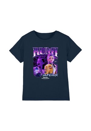 Navy shirt with purple graphic of three animated female characters, text "RUMI," "HUNTR X," and "KPOP Demon Hunters" in a futuristic style.