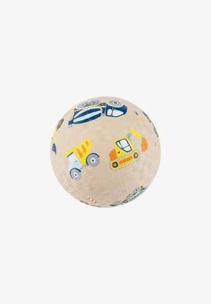 Kinderball in beige mit strukturierten Oberflächen. Verfügt über bunte Drucke von Fahrzeugen, darunter Lastwagen und Baumaschinen.